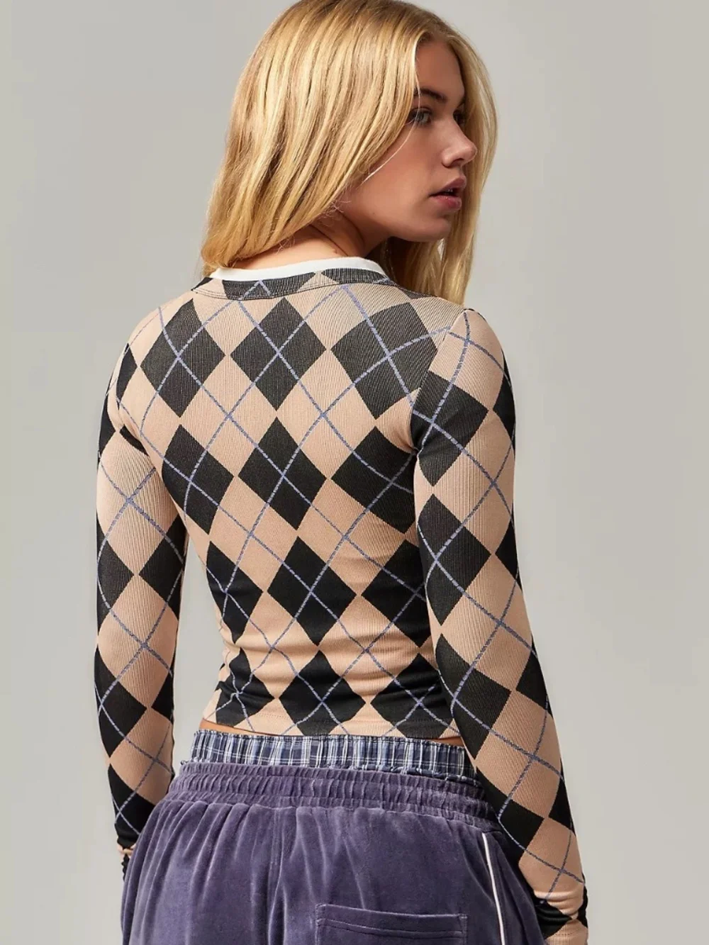 NWOT Out From Under Urban Outfitters Argyle Cropped Cardigan Beige Black XS S